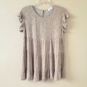 Carly Jean Los Angeles Taupe Floral Babydoll Mini Dress - Size Medium